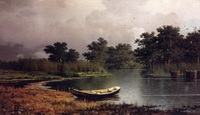 Берег реки. Лодка. (Р.Г. Судковский, 1881 г.)